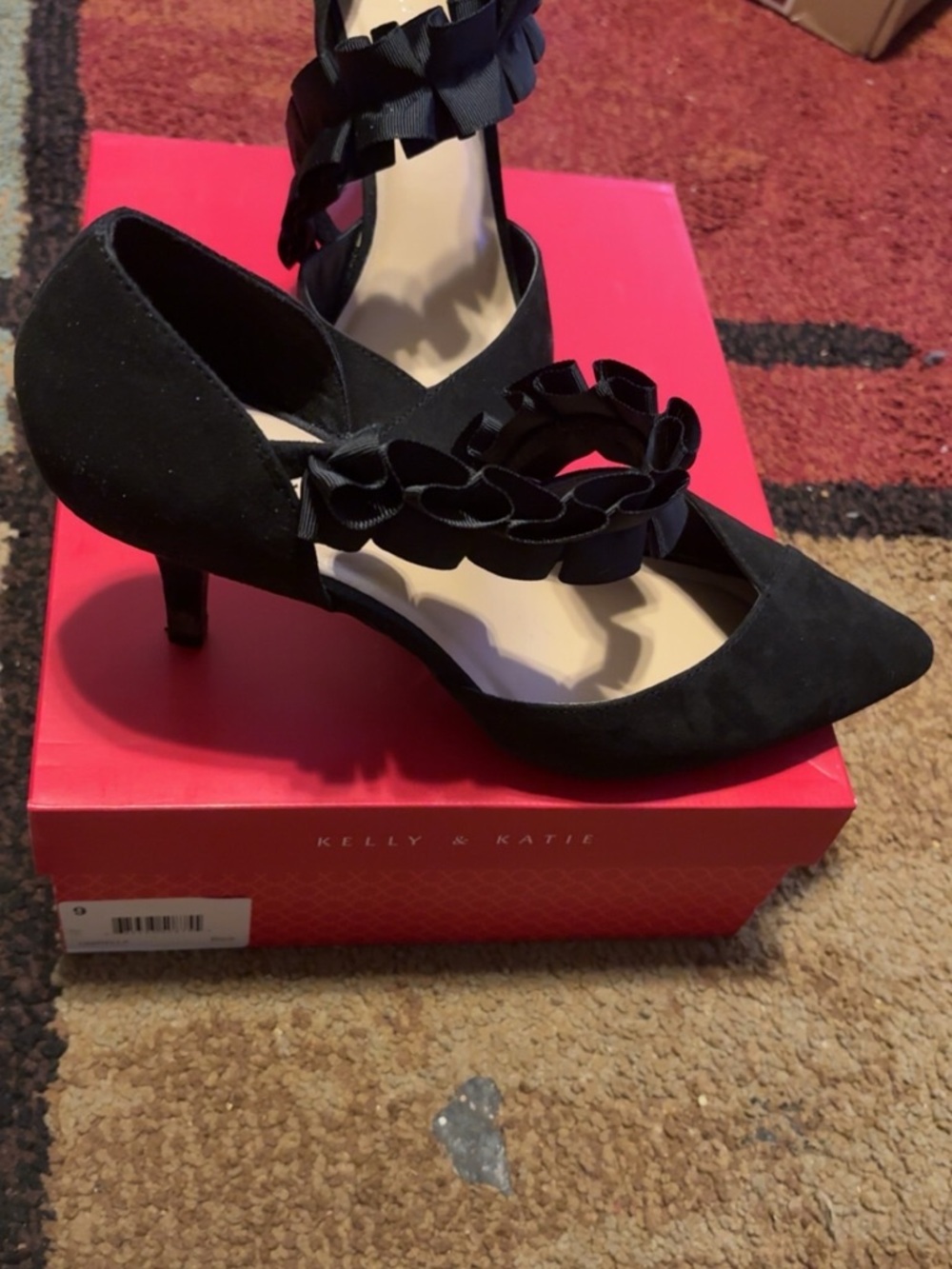 Kelly & Katie Black Pointed Toe Flats with Ruffle Strap - Picture 2 of 3